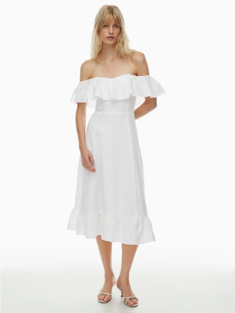 Aritzia White Off-Shoulder Ruffle Midi Dress Marmion Linen Dress